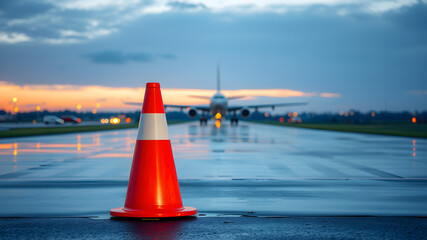 A traffic cone stands on a wet airport runway, with an airplane in the distance, symbolizing aviation safety and ground operations.