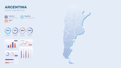 Infographic Map of Argentina. Total Area, Papulation, States & More Detailed Infographic Map of Argentina. Vector Illustration