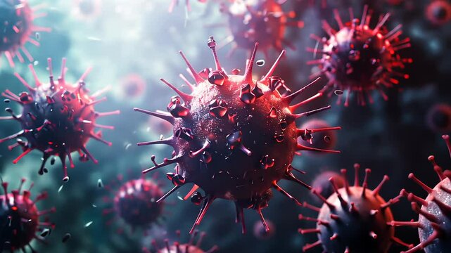 bunch of viruses are floating in the air. The viruses are brown and have a fuzzy appearance, Group of virus cells. 3D illustration, Coronavirus cells