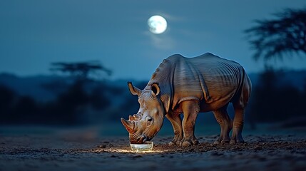 Fototapeta premium A rhinoceros drinking water from a bowl under a full moon in a serene landscape at dusk