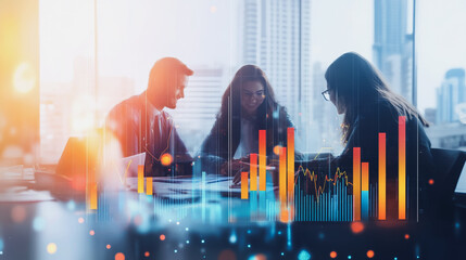Professional business team working on a project together in the office Using innovation economic growth charts and network connections to accompany the data. in analyzing future trends