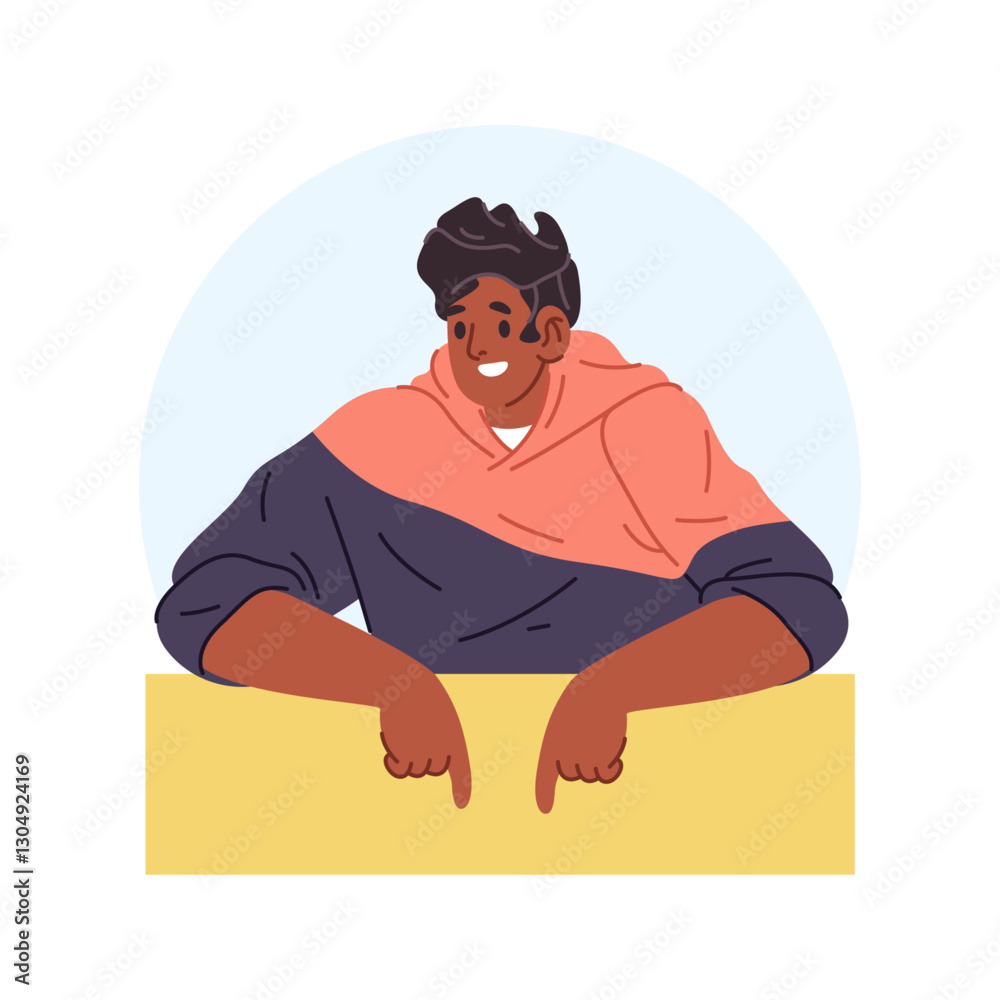 Aufkleber Young smiling man pointing finger at banner with copy space for text. Vector isolated cheerful personage asking or giving advice, showing recommendations. Advertisement or marketing of product