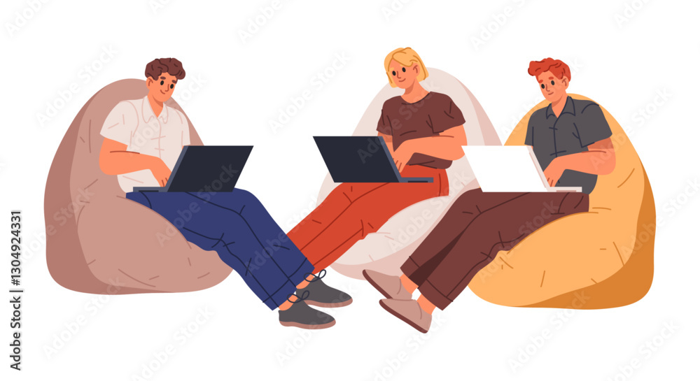 Poster employees with laptops sitting in comfortable chairs in office. vector isolated people working on pr