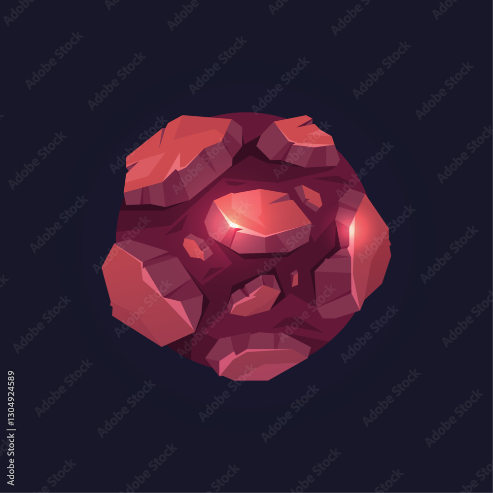 Poster Rocky sphere object floating in space, isolated meteorite with rigid texture. Vector game design element, cosmos and universe decor. Asteroid in galaxy, celestial body or star of rounded shape