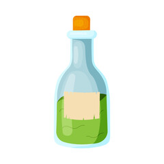 Magic green potion in a glass bottle with a stopper in flat style isolated on white background. Vector illustration