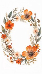 Fototapeta premium Beautiful watercolor floral wreath with orange and cream flowers