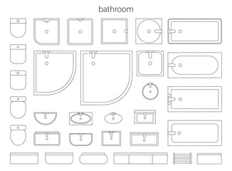 Interior design plan or scheme, isolated furniture for bathroom. Vector flat cartoon, schematic top view. Bathtubs and showers, sinks and cabinets, shelves and toilets for room, decor planning © Sensvector