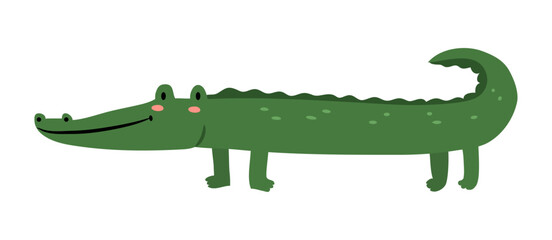 Crocodile or alligator isolated personage with blush on face. Vector wild predatory tropical or jungle animals. Dangerous amphibian reptiles. Cute cartoon zoo characters for nursery decor