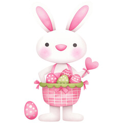cute Easter bunny holding basket of colorful eggs with heart shaped wand