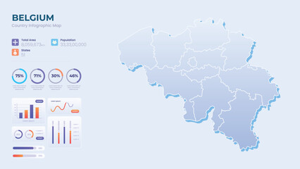 Naklejka premium Infographic Map of Belgium. Total Area, Papulation, States & More Detailed Infographic Map of Belgium. Vector Illustration