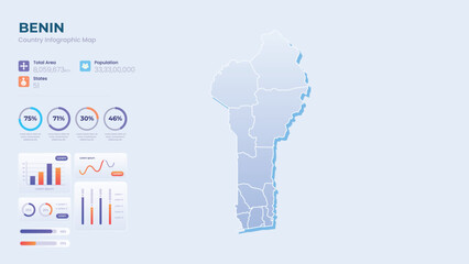 Infographic Map of Benin. Total Area, Papulation, States & More Detailed Infographic Map of Benin. Vector Illustration