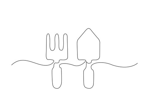 Continuous one line drawing of farmers shovel and rake. Garden shovel in single line draw illustration. Editable stroke.