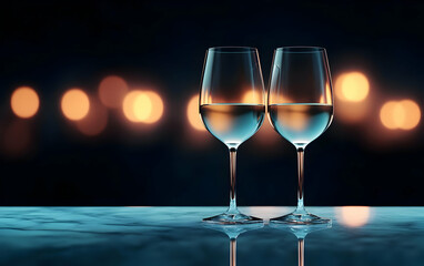 Elegant glasses reflect ambient light, creating a romantic atmosphere perfect for celebrations or intimate gatherings.
