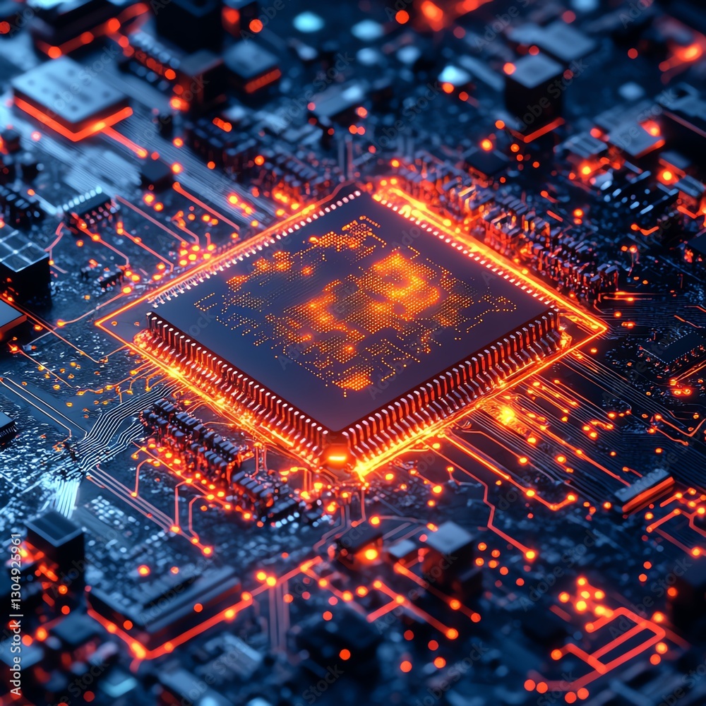 Poster advanced innovation technology concept with a detailed circuit board featuring a cpu processor