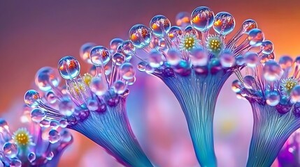 Vibrant Abstract Flower Design with Colorful Water Droplets Against a Soft Gradient Background