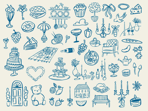 Set of whimsical hand-drawn cottage core, food and drink illustartion in trendy vintage style. Perfect for quirky wedding holiday, dinner and bar menu, bachelorette party, birthday invitation, sign