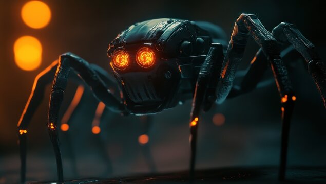 A futuristic spider robot with glowing orange eyes and metallic legs in a dark, illuminated environment.