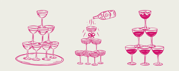 Set of whimsical hand-drawn champagne tower in trendy vintage style. Perfect for quirky wedding holiday, dinner and bar menu, bachelorette party, birthday invitation, sign © anya