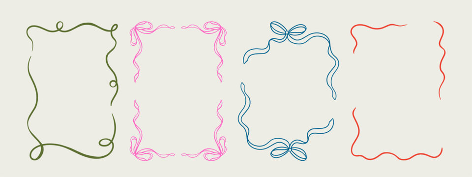 Set of elegant whimsical hand-drawn pink blue orange green color frames with wavy squiggle curly ribbons in trendy, vintage styles. Perfect for quirky holiday, wedding, birthday gift decorations