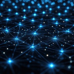 Abstract network with glowing nodes and connections in blue tones representing technology advancement