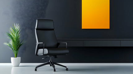Sleek office space featuring a black ergonomic chair, modern desk, and vibrant orange artwork for a stylish workspace.
