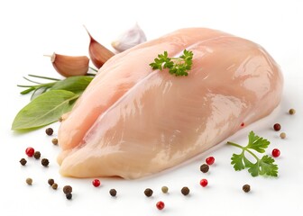 Close up of fresh raw chicken breast for culinary arts and meal preparation on white background