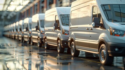 A row of white commercial vans parked in a large building