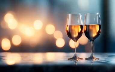 Two elegant wine glasses filled with a golden beverage, surrounded by a soft, illuminated backdrop, perfect for celebrations.