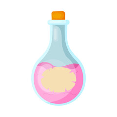 Magic pink potion in a glass bottle with a stopper in flat style isolated on white background. Vector illustration