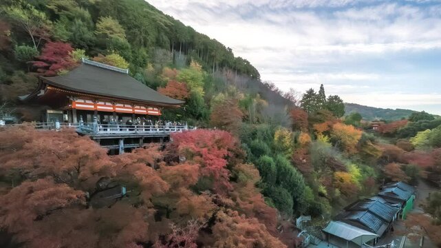 Kyoto Japan time lapse at Kiyomizu dera temple in autumn season