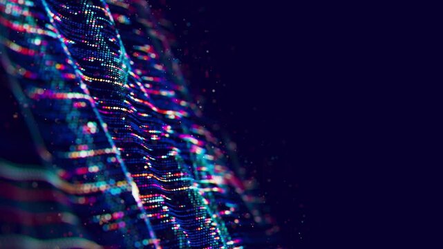 Big data wave with streaming information qubits in cyberspace. Digital quantum cloud data processing. Futuristic AI learning 3d loop animation