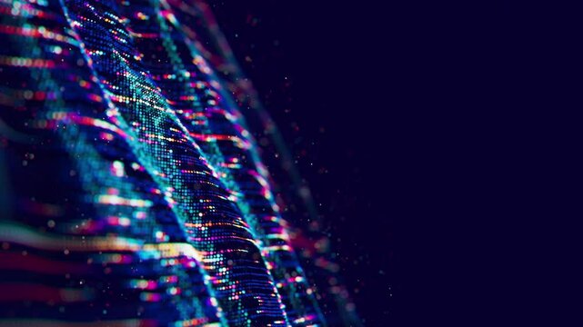 Big data wave with streaming information qubits in cyberspace. Digital quantum cloud data processing. Futuristic AI learning 3d loop animation