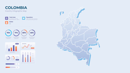 Infographic Map of Colombia. Total Area, Papulation, States & More Detailed Infographic Map of Colombia. Vector Illustration
