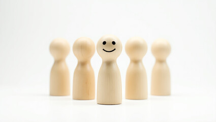 Happy pawn figure in a group of pawns.
