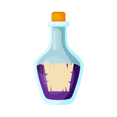 Magic violet potion in a glass bottle with a stopper in flat style isolated on white background. Vector illustration