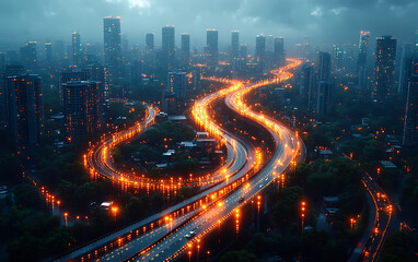 Fototapeta premium Futuristic Aerial View of Smart Highway with Autonomous Vehicles 