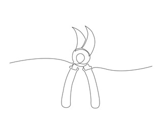 Continuous one line drawing of secateurs plant equipment. Plant scissors  in single line draw illustration. Editable stroke.
