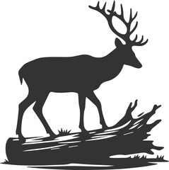 A deer standing on a fallen log, looking down animal silhouette vector