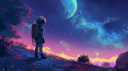 Fototapeta premium This astronaut gazes at a vibrant cosmic view of stars and a distant moon.