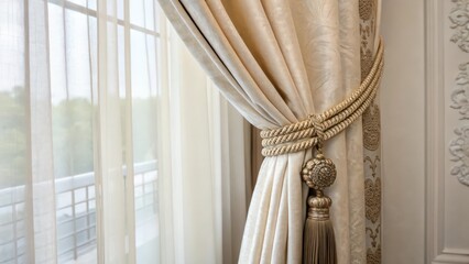 Beige Curtains with Tassels on White Background