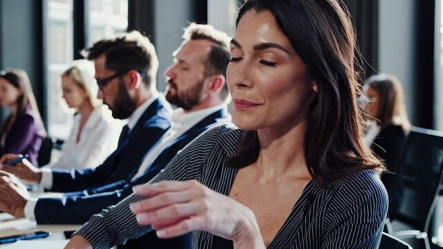 Businesswoman meditating with closed eyes during a corporate training session, surrounded by colleagues, promoting mindfulness and stress reduction in the workplace