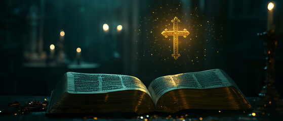 orthodox religious background with illuminating cross and open bible; dark church interior;copy space