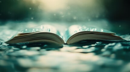 Open Magic Book Symbolizing Harmony of Water and Land in Minimalist Composition