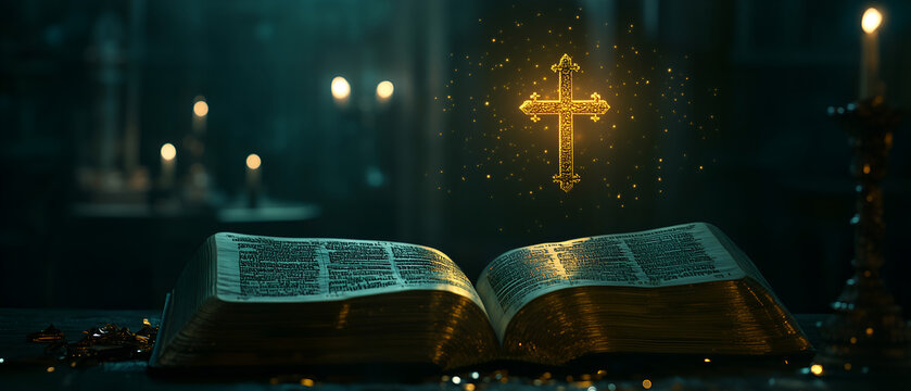 orthodox religious background with illuminating cross and open bible; dark church interior;copy space