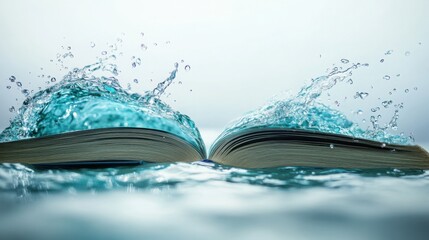 Open Magic Book Symbolizing Harmony of Water and Land in Minimalist Composition