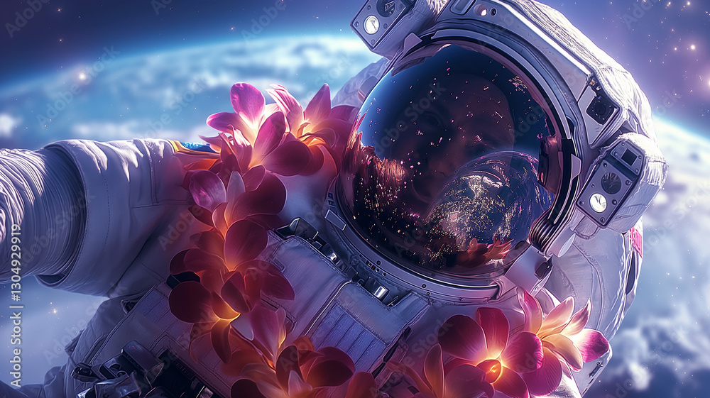 Poster this astronaut adorned with flowers floats in zero gravity, gazing at earth from space.
