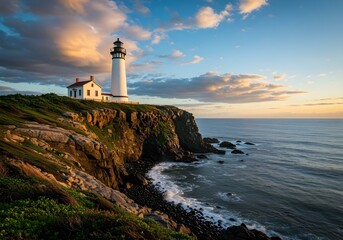 A lone lighthouse standing tall on a rocky cliff, waves crashing violently against the base.