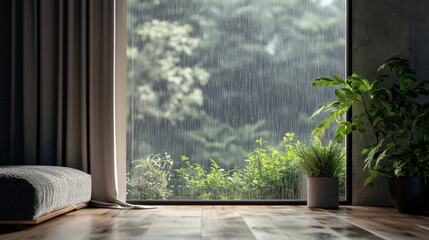 Rainy day window view scenery landscape interior inspiration backdrop wallpaper background