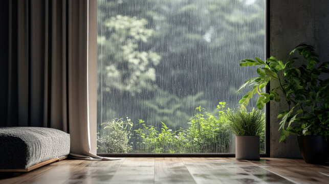 Fototapeta Rainy day window view scenery landscape interior inspiration backdrop wallpaper background