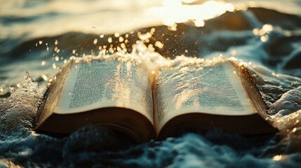 Open Magic Book Symbolizing Harmony of Water and Land in Minimalist Composition